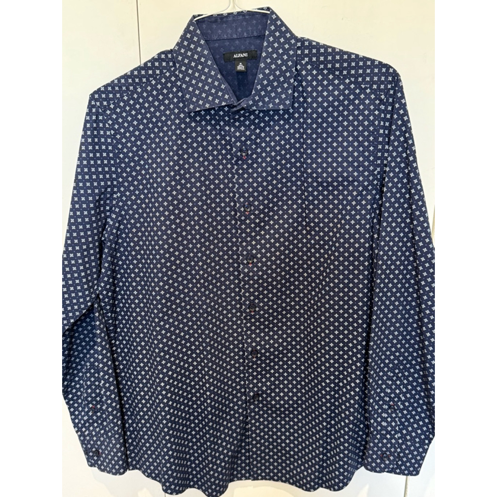 Men's Alfani Button Down diamond print long sleeve dress Shirt, Size M, Blue